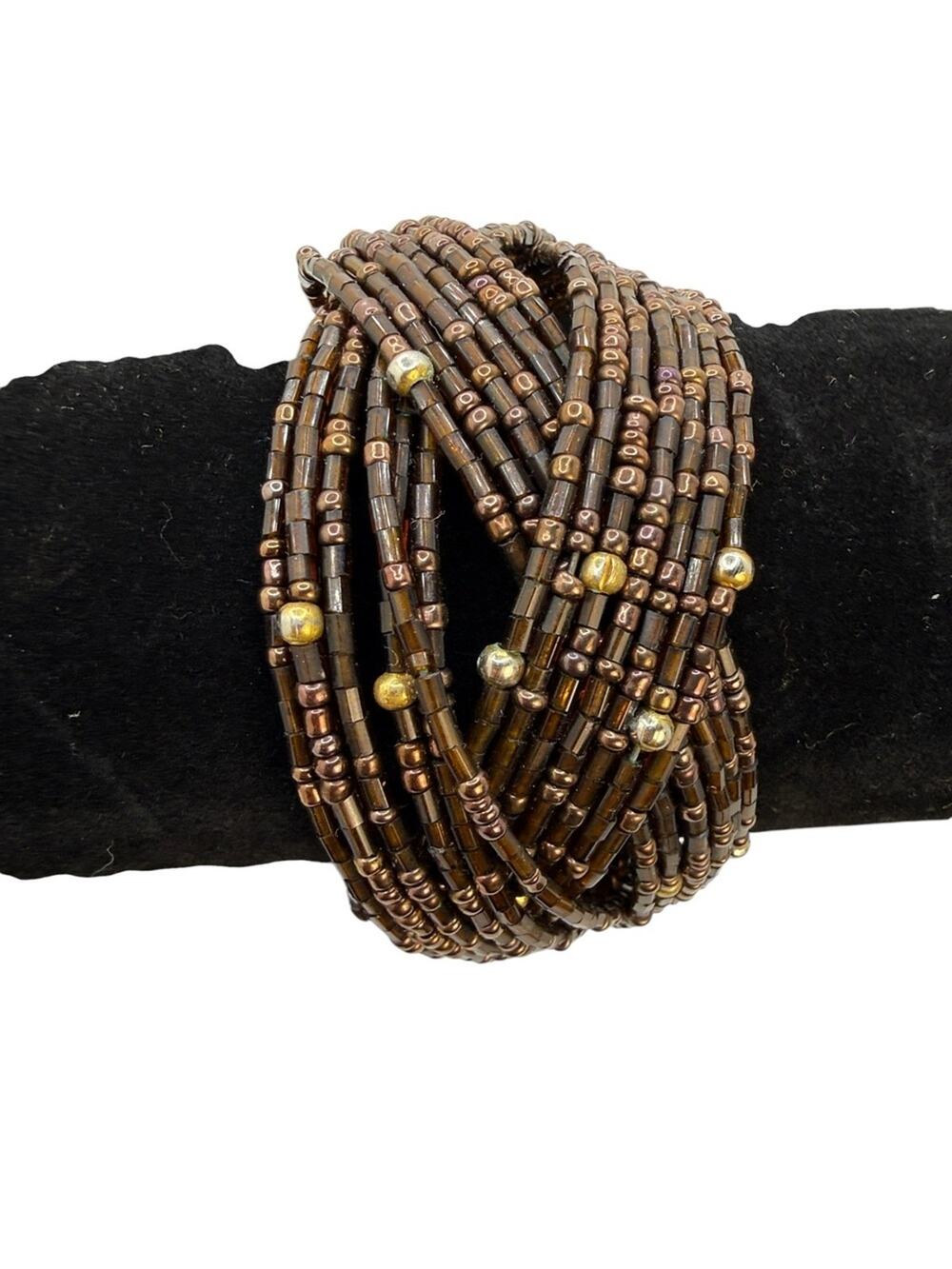 Francesca's Multi-Strand Brown Seed Bead Stretch Bracelet with Gold Accents